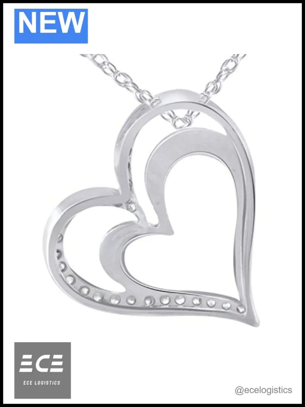 S925 Sterling Silver Round Cut Diamond Double Heart Pendant Necklace 18
